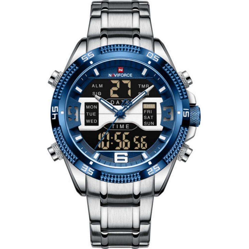 Relógio Masculino Analógico Em Aço Inoxidável Display Led Digital A Prova Dágua Azul Prata - 1