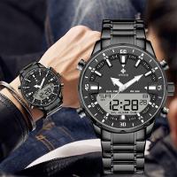 Relógio Masculino De Quartzo Digital Display Duplo Pulseira Em Aço Inoxidavel Impermeável Preto - 3