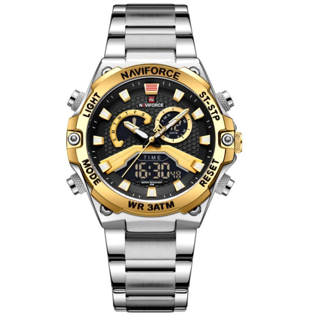 Relógio Esportivo Masculino Em Aço Inoxidável à Prova D'água Com Display Duplo Dourado Prata - 1