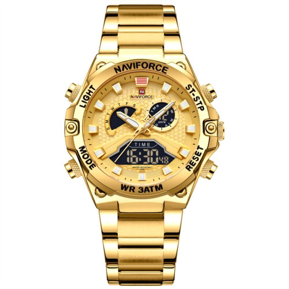 Relógio Esportivo Masculino Em Aço Inoxidável à Prova D'água Com Display Duplo Dourado - 1