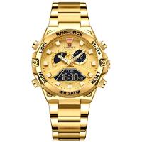 Relógio Esportivo Masculino Em Aço Inoxidável à Prova D'água Com Display Duplo Dourado - 1