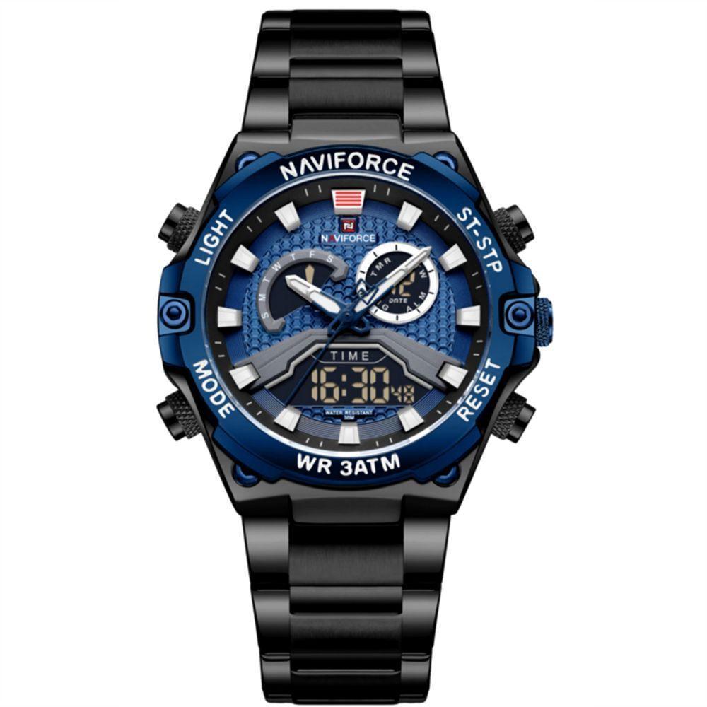 Relógio Esportivo Masculino Em Aço Inoxidável à Prova D'água Com Display Duplo Preto Azul - 1