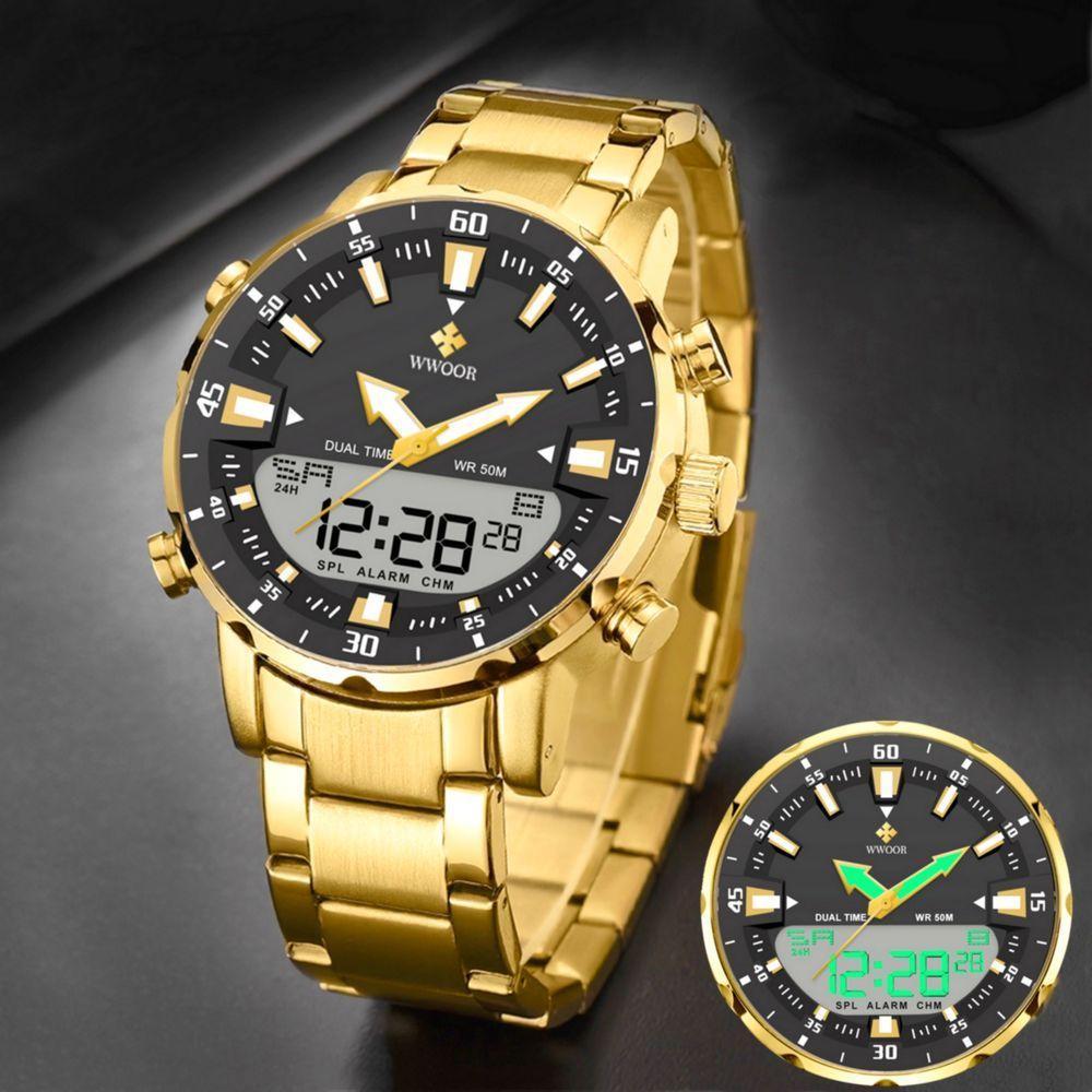 Relógio Masculino De Quartzo Digital Display Duplo Pulseira Em Aço Inoxidavel Impermeável Preto Dourado - 4