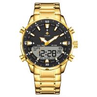 Relógio Masculino De Quartzo Digital Display Duplo Pulseira Em Aço Inoxidavel Impermeável Preto Dourado - 1