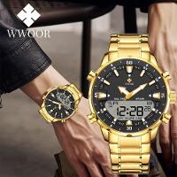 Relógio Masculino De Quartzo Digital Display Duplo Pulseira Em Aço Inoxidavel Impermeável Preto Dourado - 2