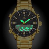 Relógio Masculino De Quartzo Digital Display Duplo Pulseira Em Aço Inoxidavel Impermeável Preto Dourado - 3