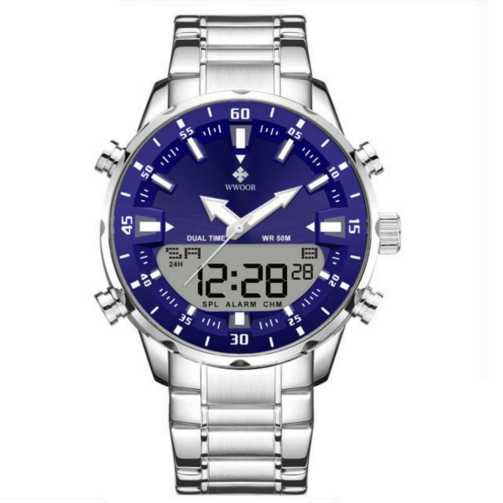 Relógio Masculino De Quartzo Digital Display Duplo Pulseira Em Aço Inoxidavel Impermeável Azul - 1