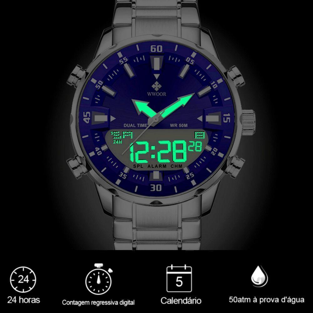Relógio Masculino De Quartzo Digital Display Duplo Pulseira Em Aço Inoxidavel Impermeável Azul - 3