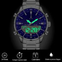 Relógio Masculino De Quartzo Digital Display Duplo Pulseira Em Aço Inoxidavel Impermeável Azul - 3
