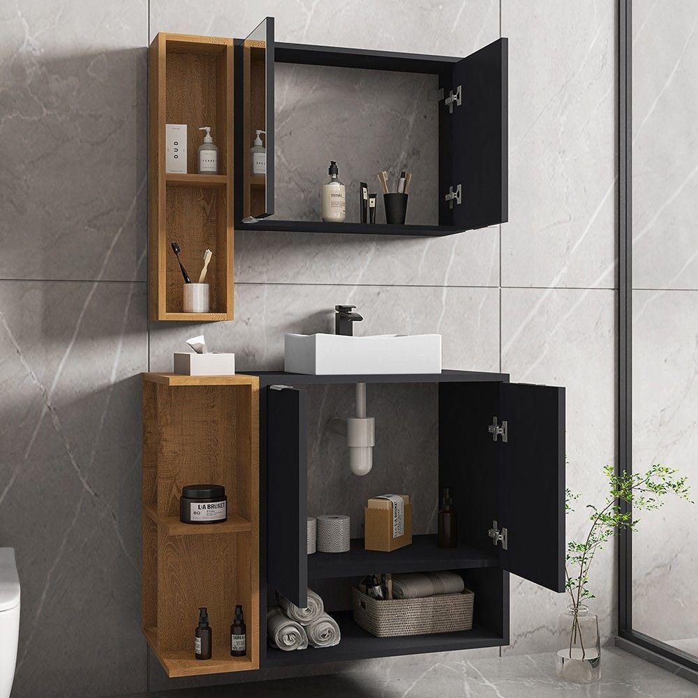 Gabinete De Banheiro Com Cuba E Espelheira Lizzi B02 Preto Fosco-naturalle - 4