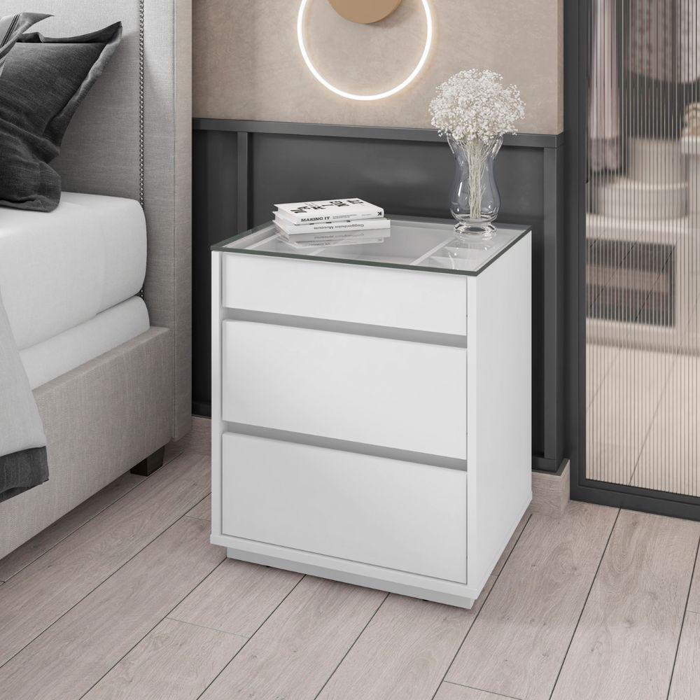 Mesa De Cabeceira 3 Gavetas Tampo De Vidro Taipei Branco - 2
