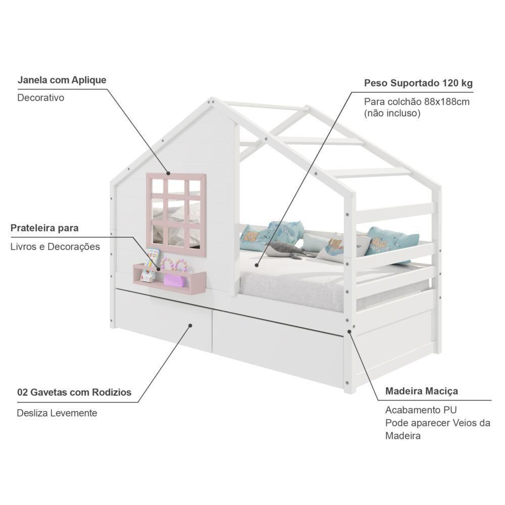 Cama Casinha Com Janela E 02 Gavetas Madeira Maciça Branco/ Rosa Housin - 5
