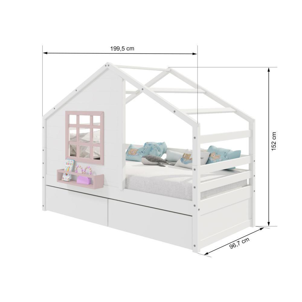 Cama Casinha Com Janela E 02 Gavetas Madeira Maciça Branco/ Rosa Housin - 7