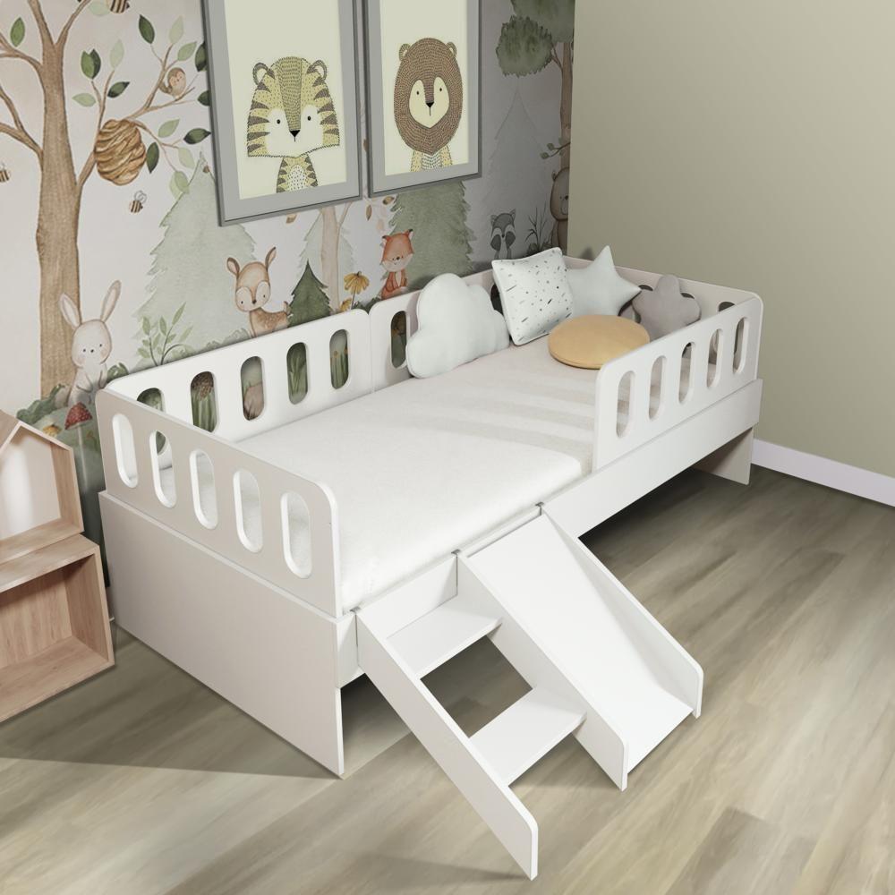 Cama Solteiro Com Escadinha/escorrega 03 Grades E Cabeceira Anatômica Removíveis Branco Housin - 1