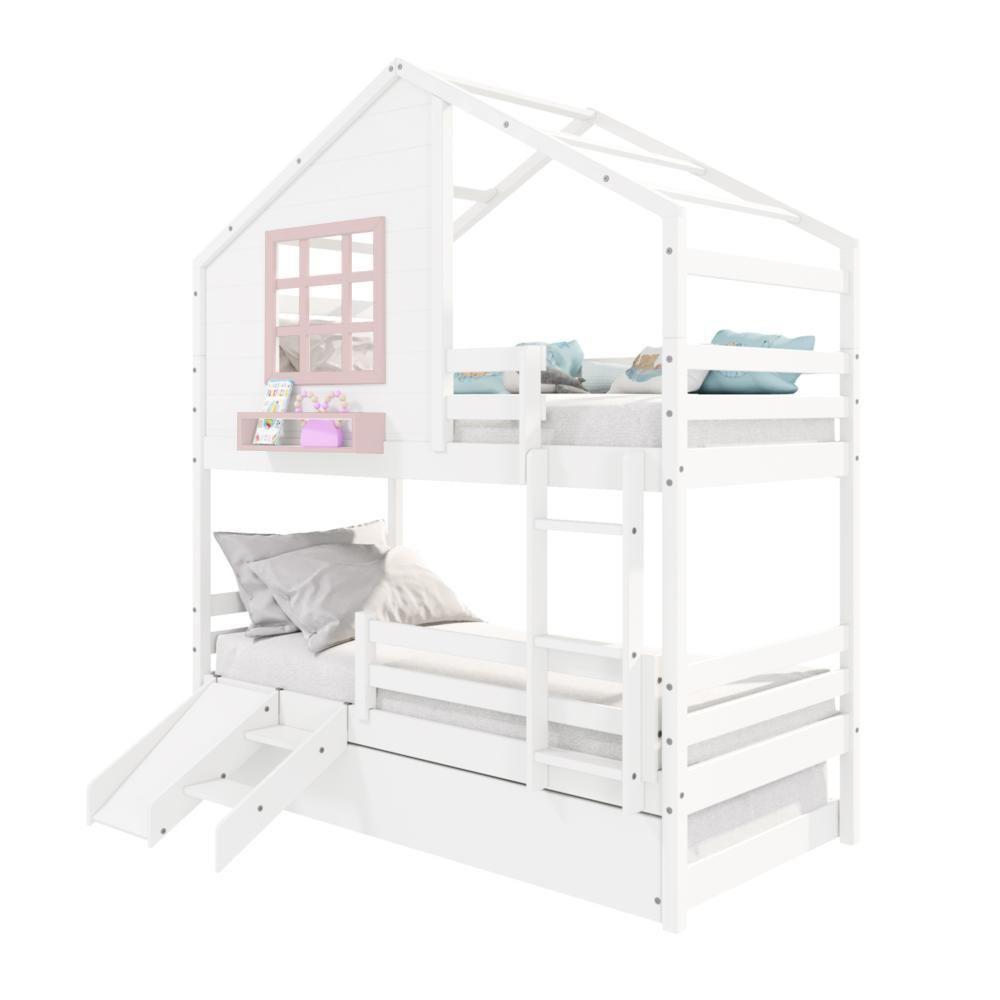 Treliche Casinha Com Janela Com Escada- Escorregador E Grade De Proteção Madeira Branco- Rosa - 3
