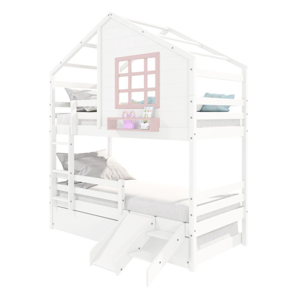 Treliche Casinha Com Janela Com Escada- Escorregador E Grade De Proteção Madeira Branco- Rosa - 6