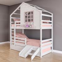 Treliche Casinha Com Janela Com Escada- Escorregador E Grade De Proteção Madeira Branco- Rosa - 1