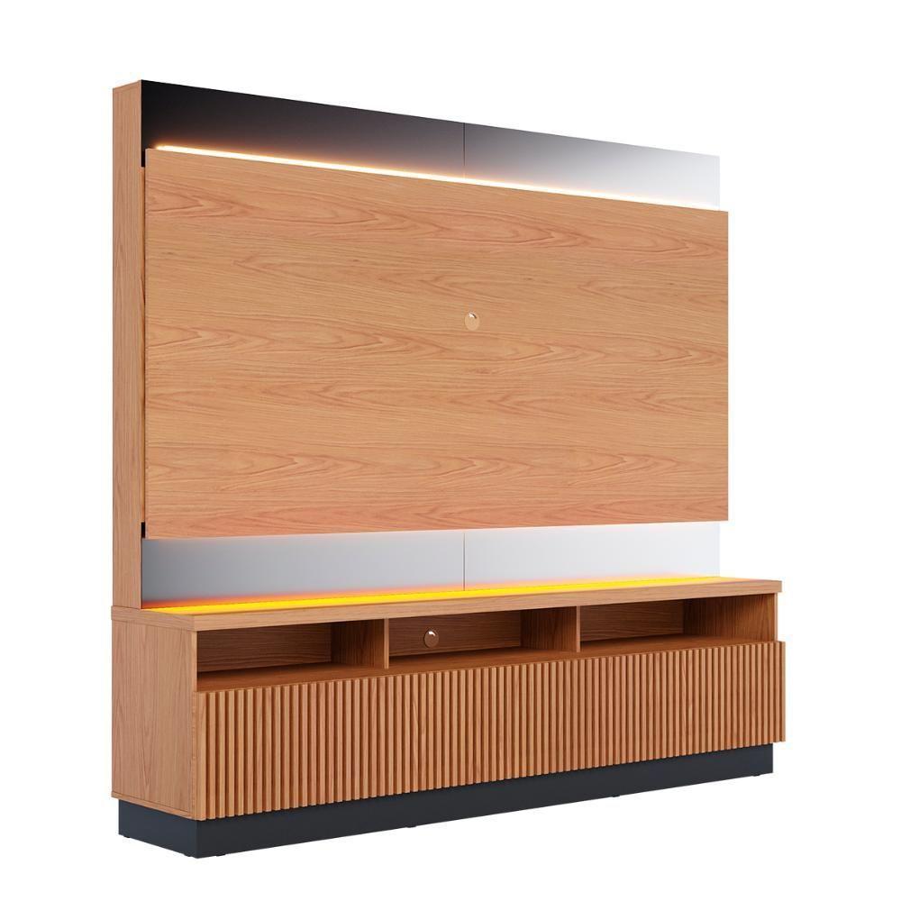 Estante Home Theater Ripado Para Tv Até 70 3 Portas Espelho E Led Marajo Freijó Preto Fosco - 6