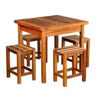 Conjunto Mesa De Jantar Rústica 80x80cm 4 Banquetas Ripada Madeira Maciça Natural - 1