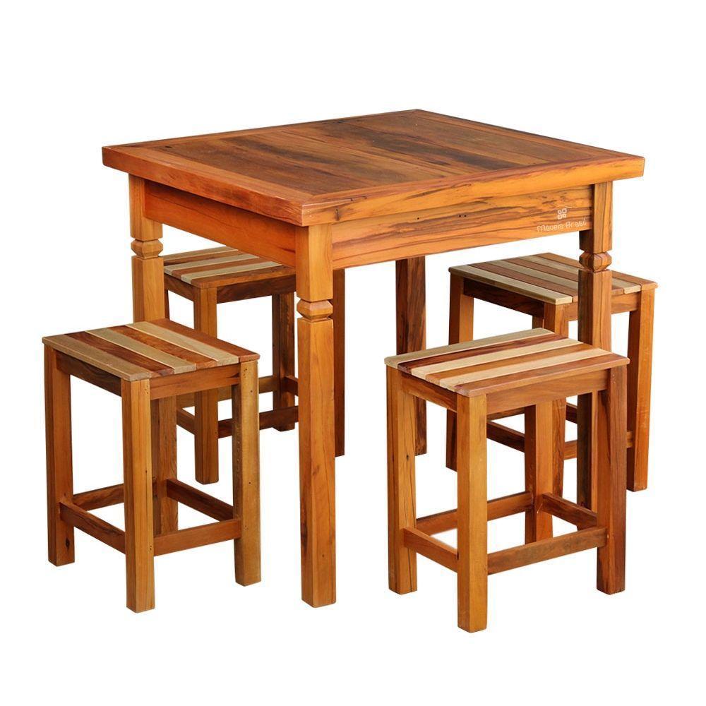 Conjunto Mesa De Jantar Rústica 1m 4 Banquetas Ripada Madeira Maciça Natural - 1