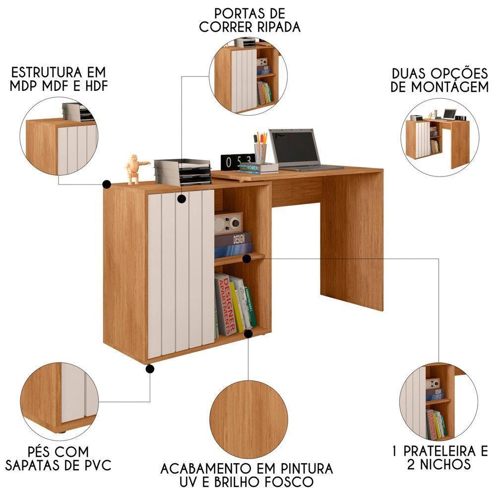 Mesa Para Escritório Home Office 1 Porta Ripada Tech Freijó Off White Caemmun - 7