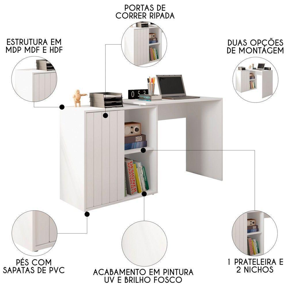 Mesa Para Escritório Home Office 1 Porta Ripada Tech Branco Fosco Caemmun - 5