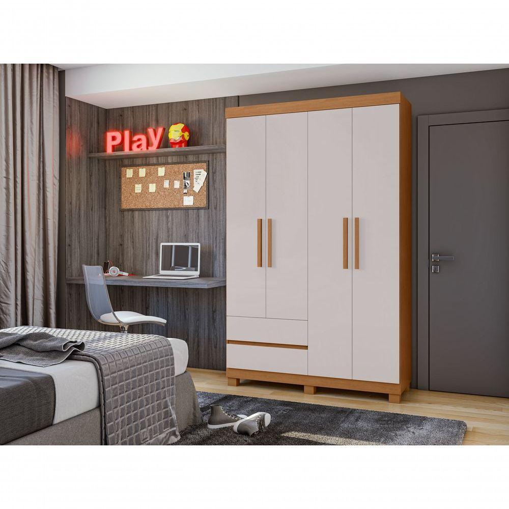 Guarda-roupas Solteiro 4 Portas 2 Gavetas Sem Espelho Com Pés Zeus Amendoa Clean Off White. - 4