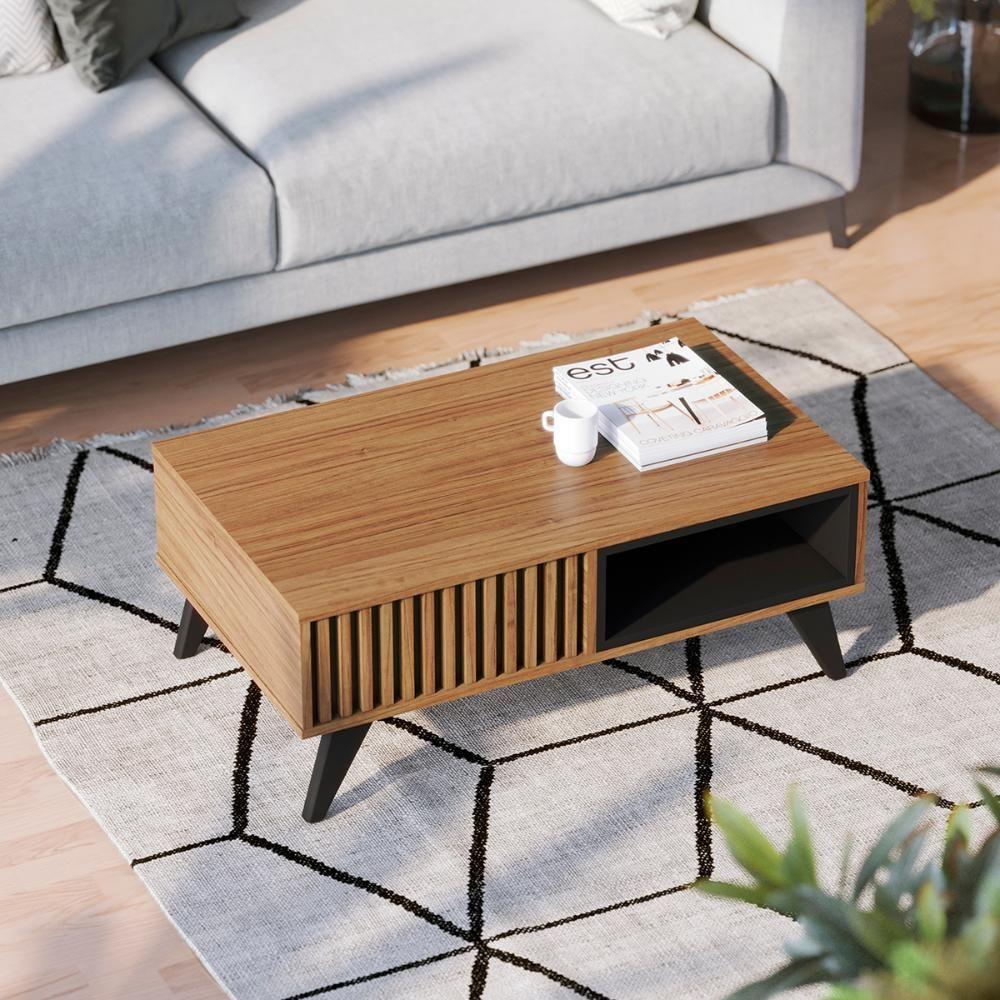 Mesa De Centro Retangular 1 Nicho Jeri Noce Milano Preto Fosco Noce Milano Preto Fosco - 1