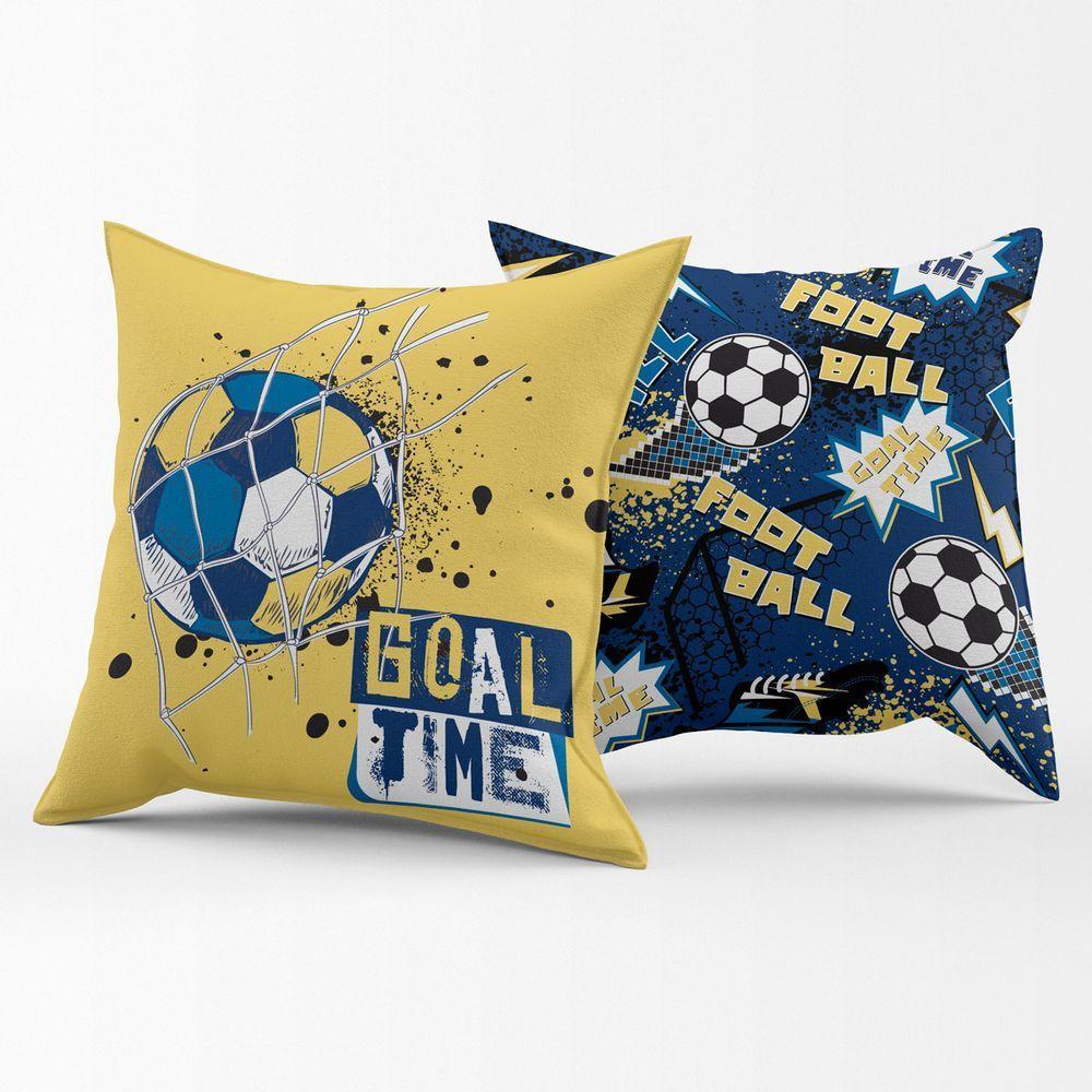 Par De Capas De Almofadas Estampadas Futebol Goal Amarelo-azul Marinho 45cm X 45cm Para Quarto - 1