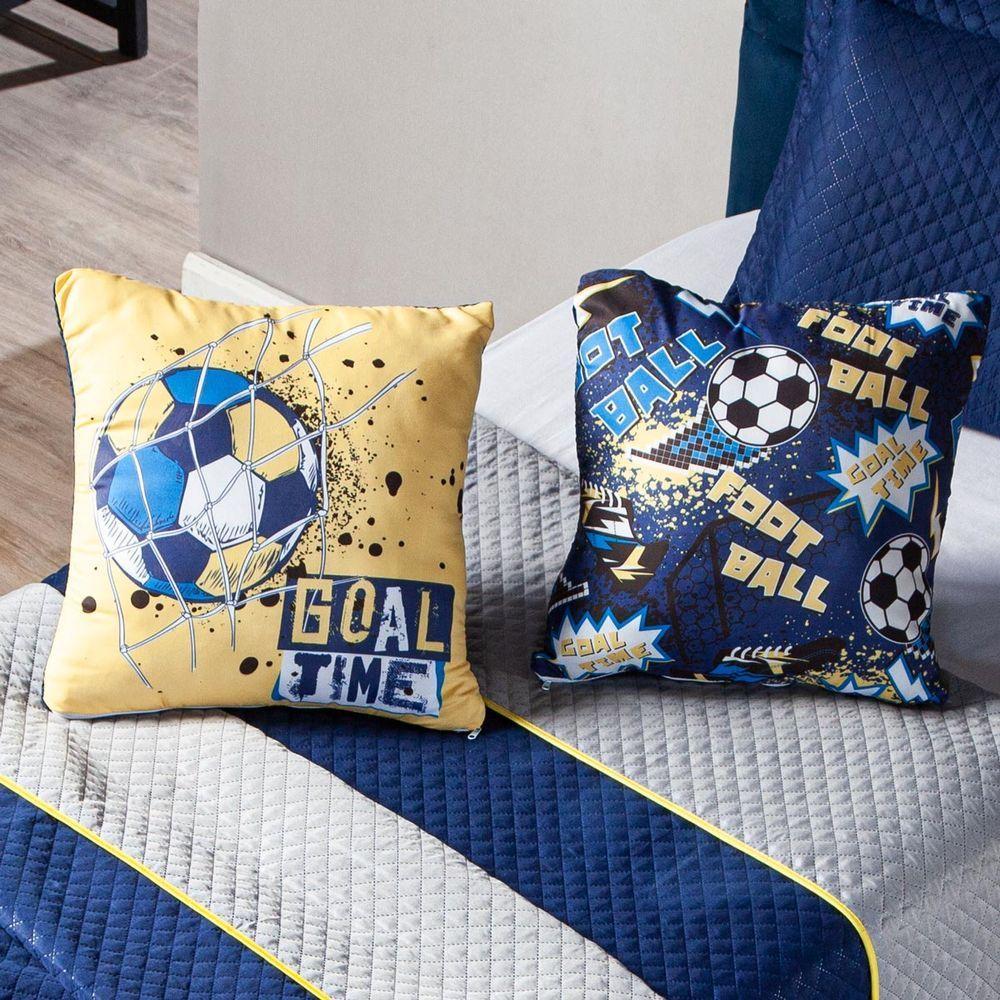 Par De Capas De Almofadas Estampadas Futebol Goal Amarelo-azul Marinho 45cm X 45cm Para Quarto - 2