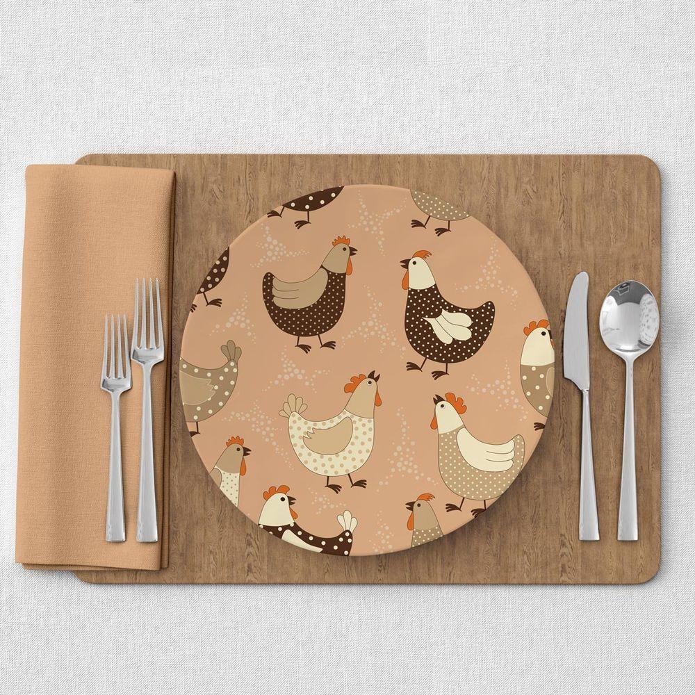 Capa De Sousplat Estampado Com Guardanapos Mesa Posta Jogo Americano 04 Lugares Galinha Bege - 1