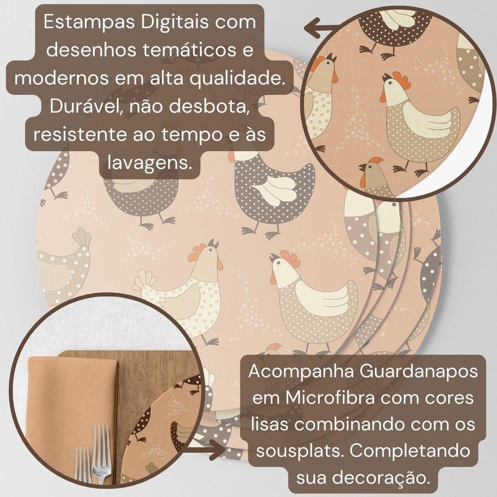 Capa De Sousplat Estampado Com Guardanapos Mesa Posta Jogo Americano 04 Lugares Galinha Bege - 2