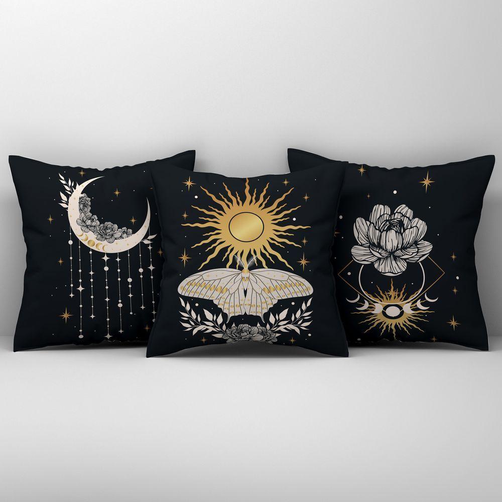 Trio Capas De Almofadas Fases Da Lua Estampadas Em Veludo Suede 45cm X 45cm Para Sala Preto - 1