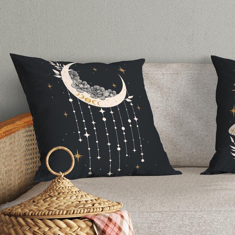 Trio Capas De Almofadas Fases Da Lua Estampadas Em Veludo Suede 45cm X 45cm Para Sala Preto - 6