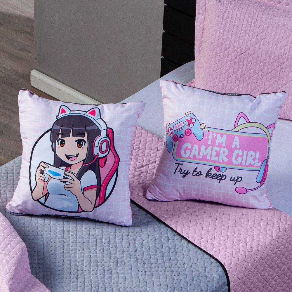 Par De Capas De Almofadas Estampadas Girl Gamer Rosa 45cm X 45cm Para Quarto - 2