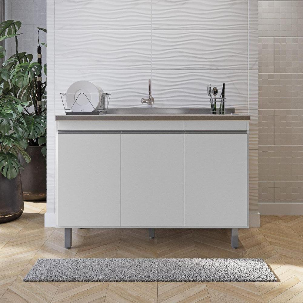 Balcão Gabinete De Pia Sem Tampo 120cm 3 Portas Malu - Nathan Móveis Cor Branco - 1