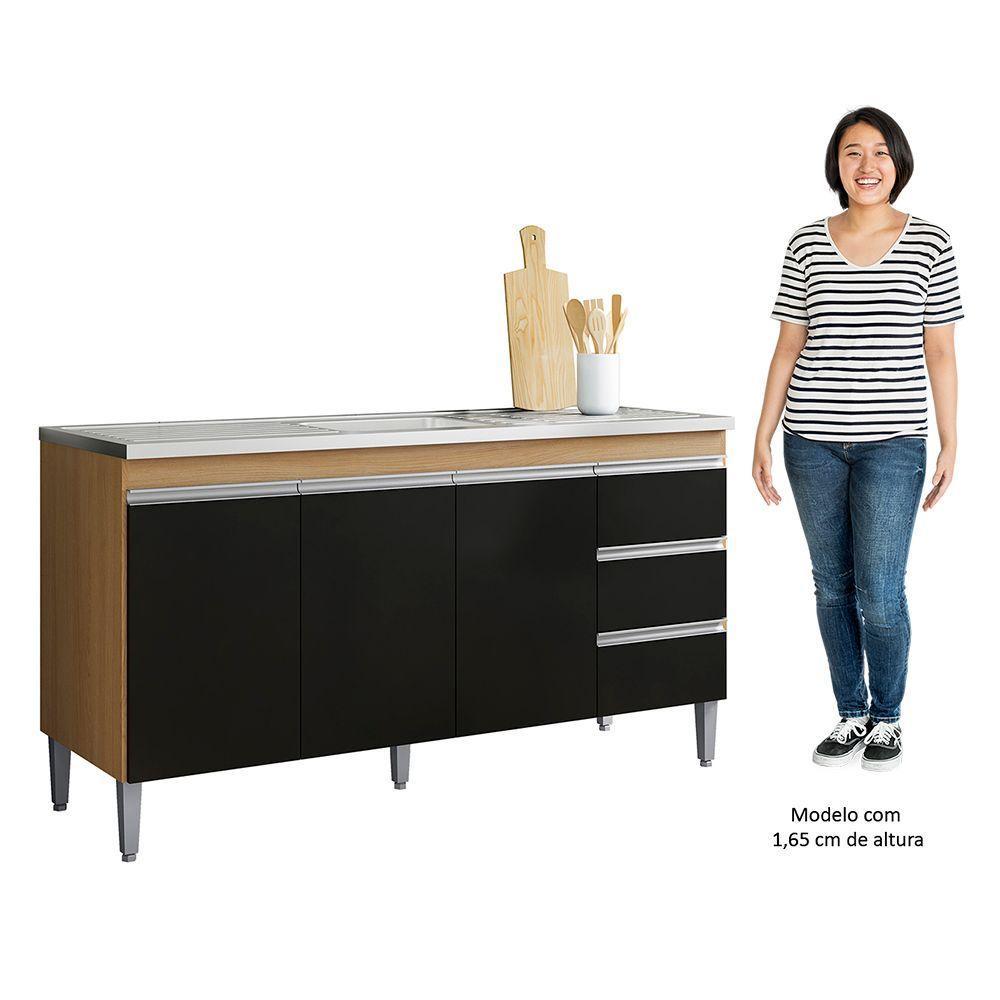 Balcão De Cozinha Com Pia Inox 160cm 3 Gavetas Andréia Amêndoa/preto - Ajl Móveis - 2