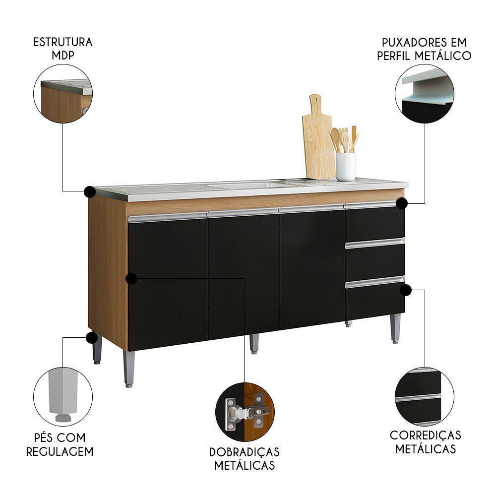Balcão De Cozinha Com Pia Inox 160cm 3 Gavetas Andréia Amêndoa/preto - Ajl Móveis - 4