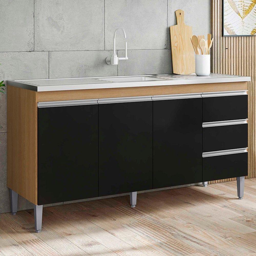 Balcão De Cozinha Com Pia Inox 160cm 3 Gavetas Andréia Amêndoa/preto - Ajl Móveis - 5