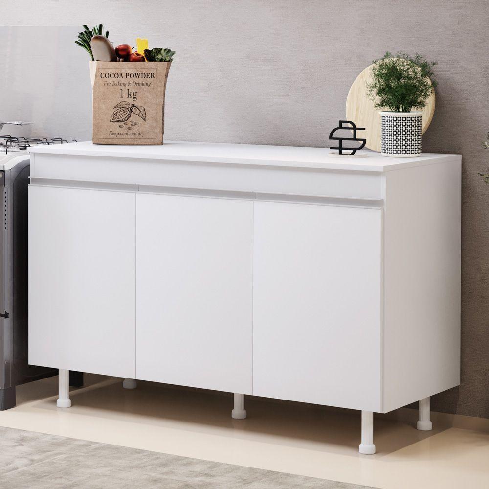 Balcão Buffet Gabinete De Cozinha Lux 120cm 100% Mdf Com Tampo 03 Portas Branco - Desk Design - 5