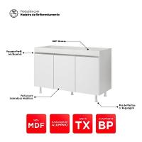 Balcão Buffet Gabinete De Cozinha Lux 120cm 100% Mdf Com Tampo 03 Portas Branco - Desk Design - 8