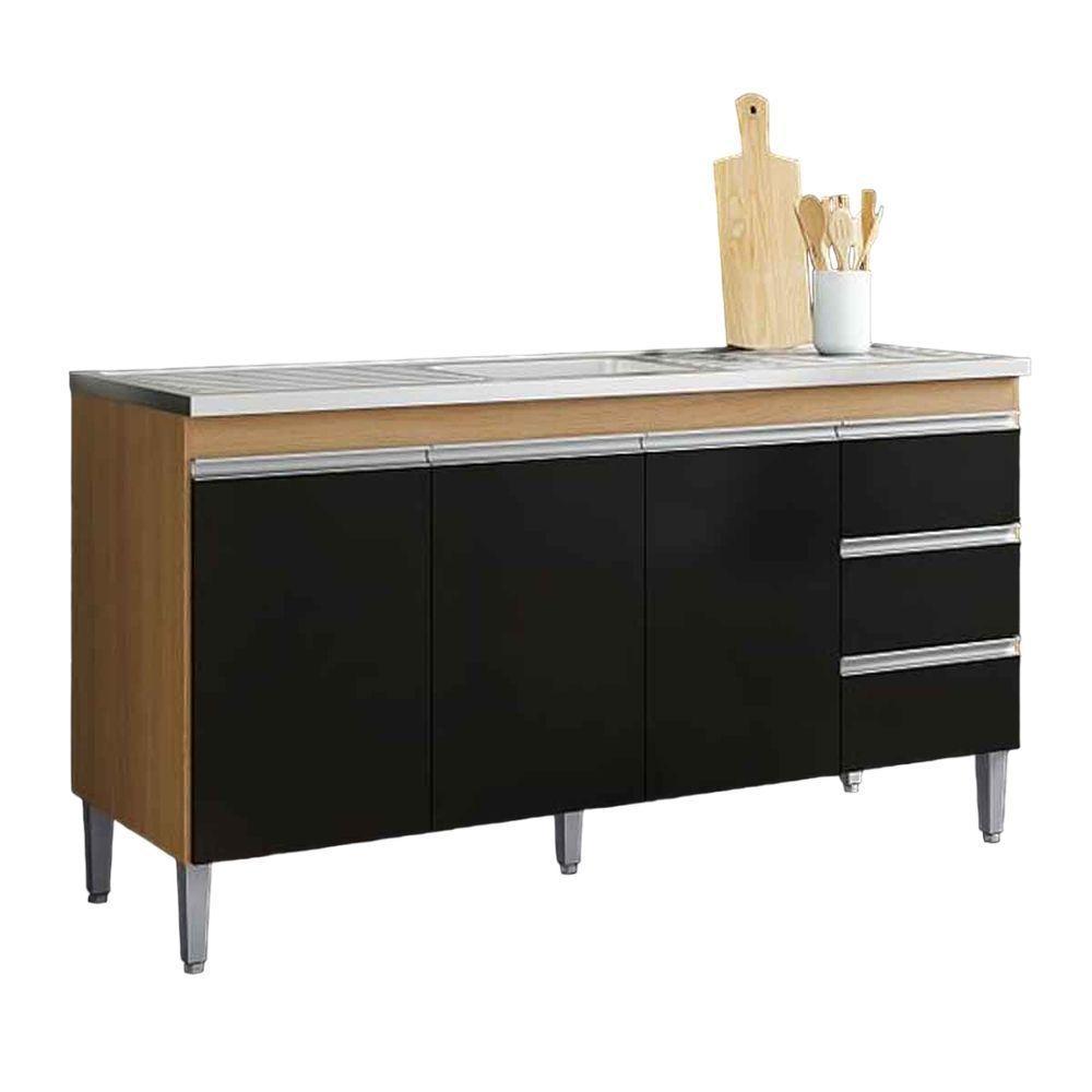 Balcão De Pia 150 Cm Adriana 3 Portas 3 Gavetas Amêndoa-preto - 1