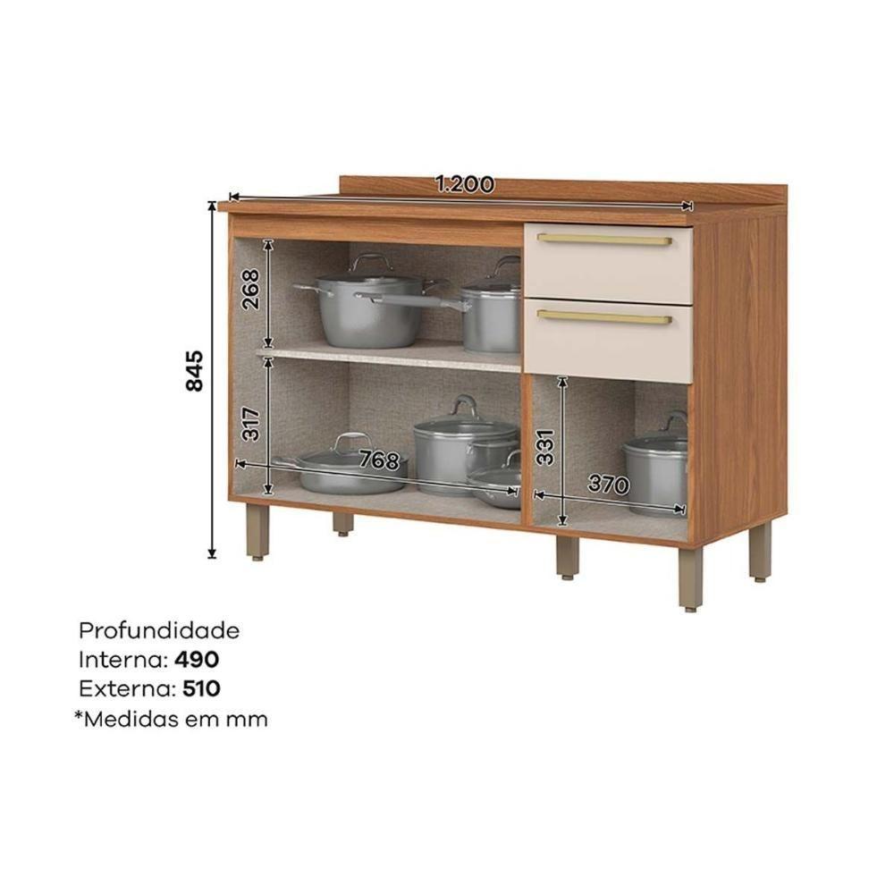 Balcão de Cozinha Requinte p/ Pia 3 Portas e 2 Gavetas c/Tampo 120cm Nature/Areia - Henn - 5