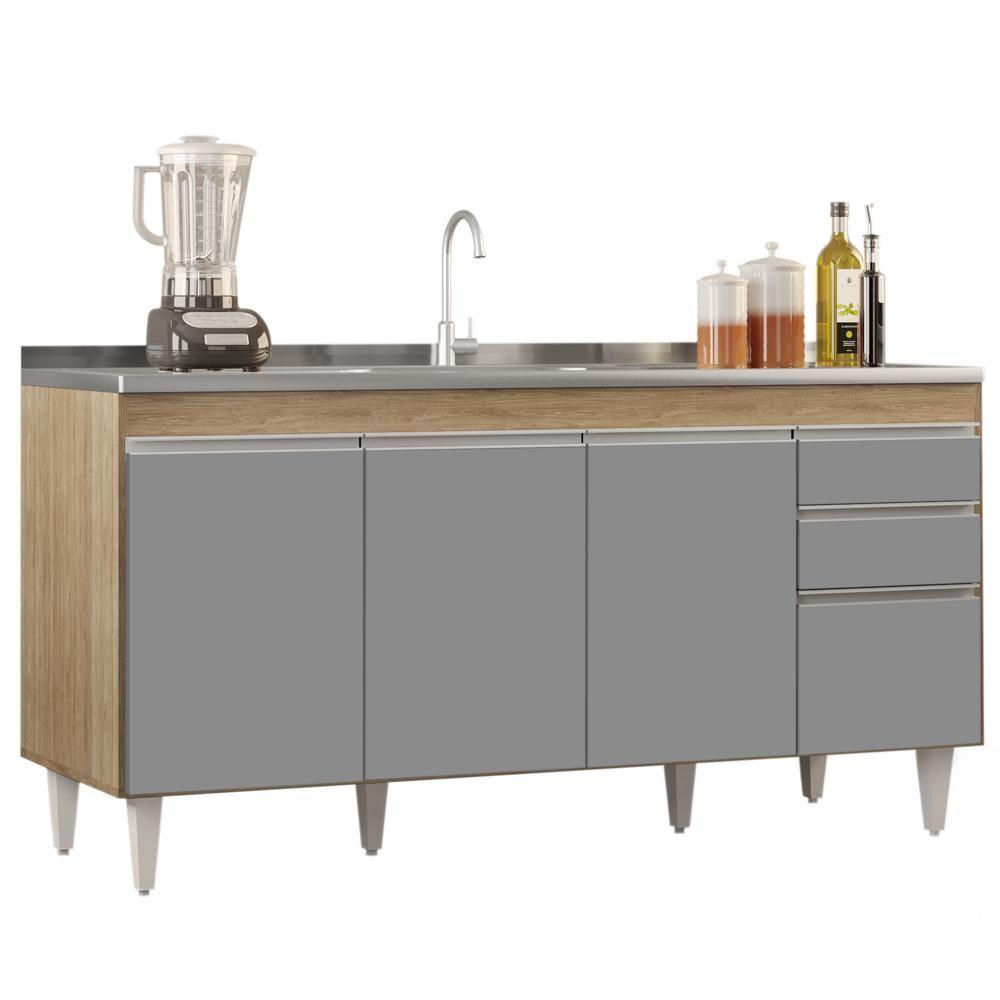 Balcão Gabinete 160cm Sem Tampo 4 Portas 2 Gavetas Arkansas Castanho/cinza - Lumil Móveis - 1