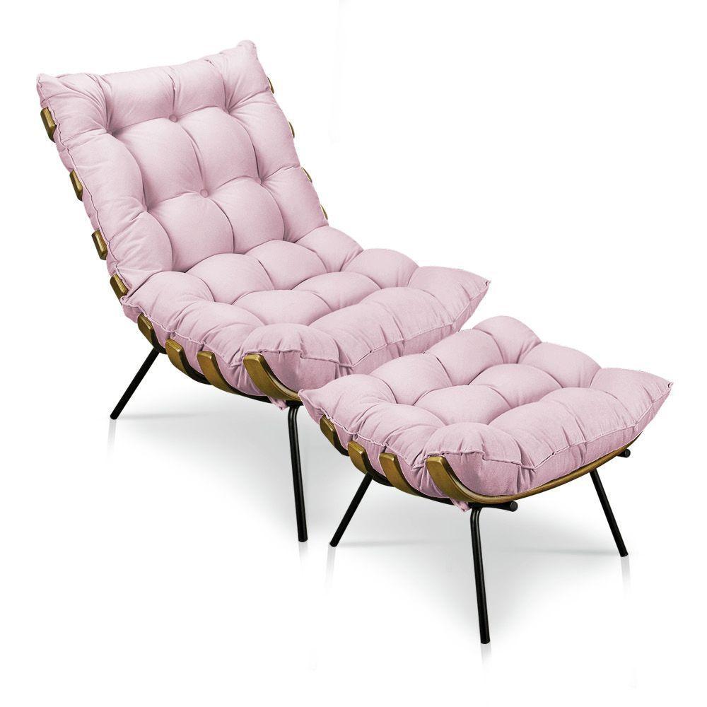 Kit Poltrona Costela Com Puff Para Sala Suede Rosa Bebê - 1