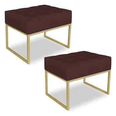 Kit 02 Puffs Lisa Suede Base Metálica Industrial Dourado Marsala