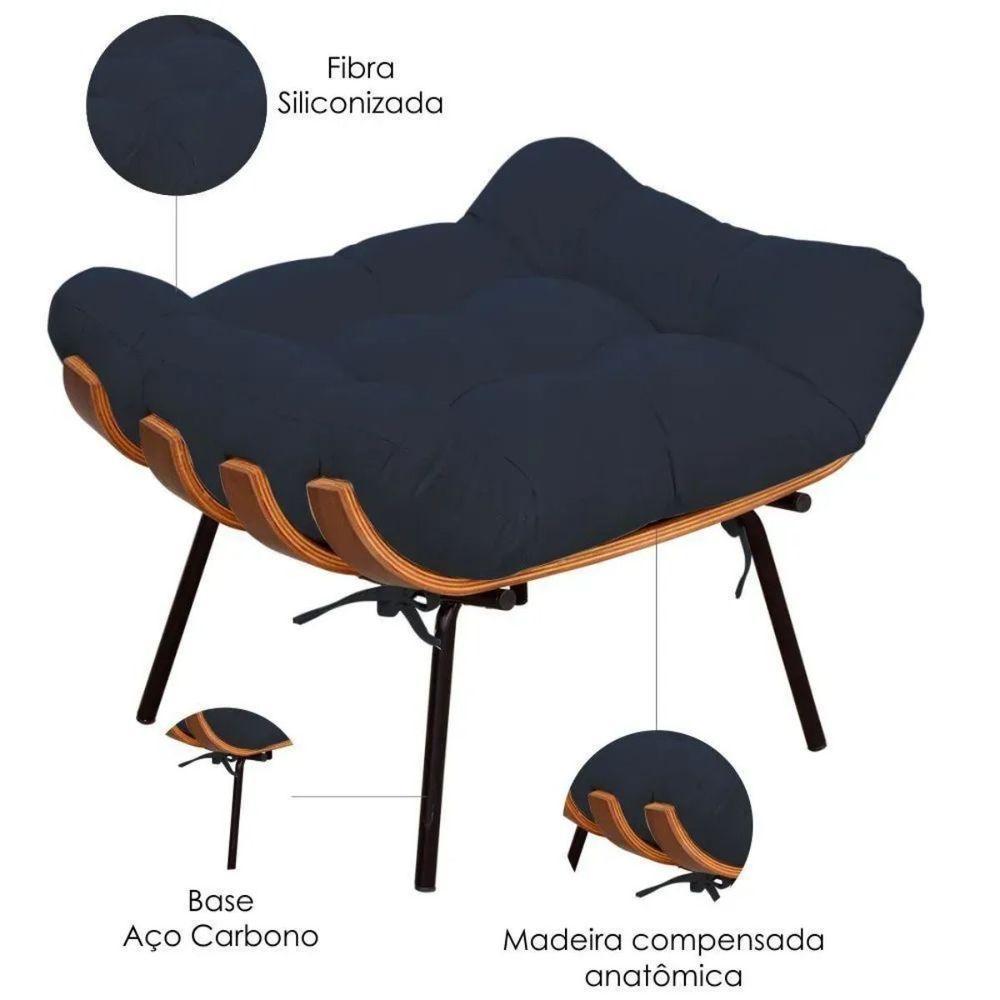 Kit Poltrona Costela Com Puff Para Sala Suede Azul Marinho - 2