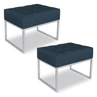 Kit 02 Puffs Lisa Suede Base Metálica Industrial Prata Azul Marinho - 1