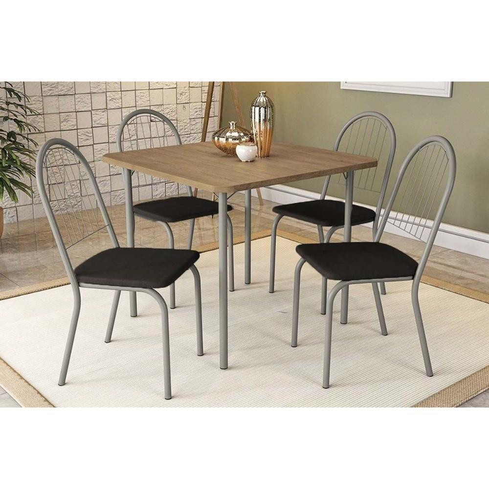 Sala de Jantar Completa Sena c/ Tampo Mairado 90x90cm e 4 Cairas Noruega Cromada - Assento Preto 110 - Kappesberg - 1