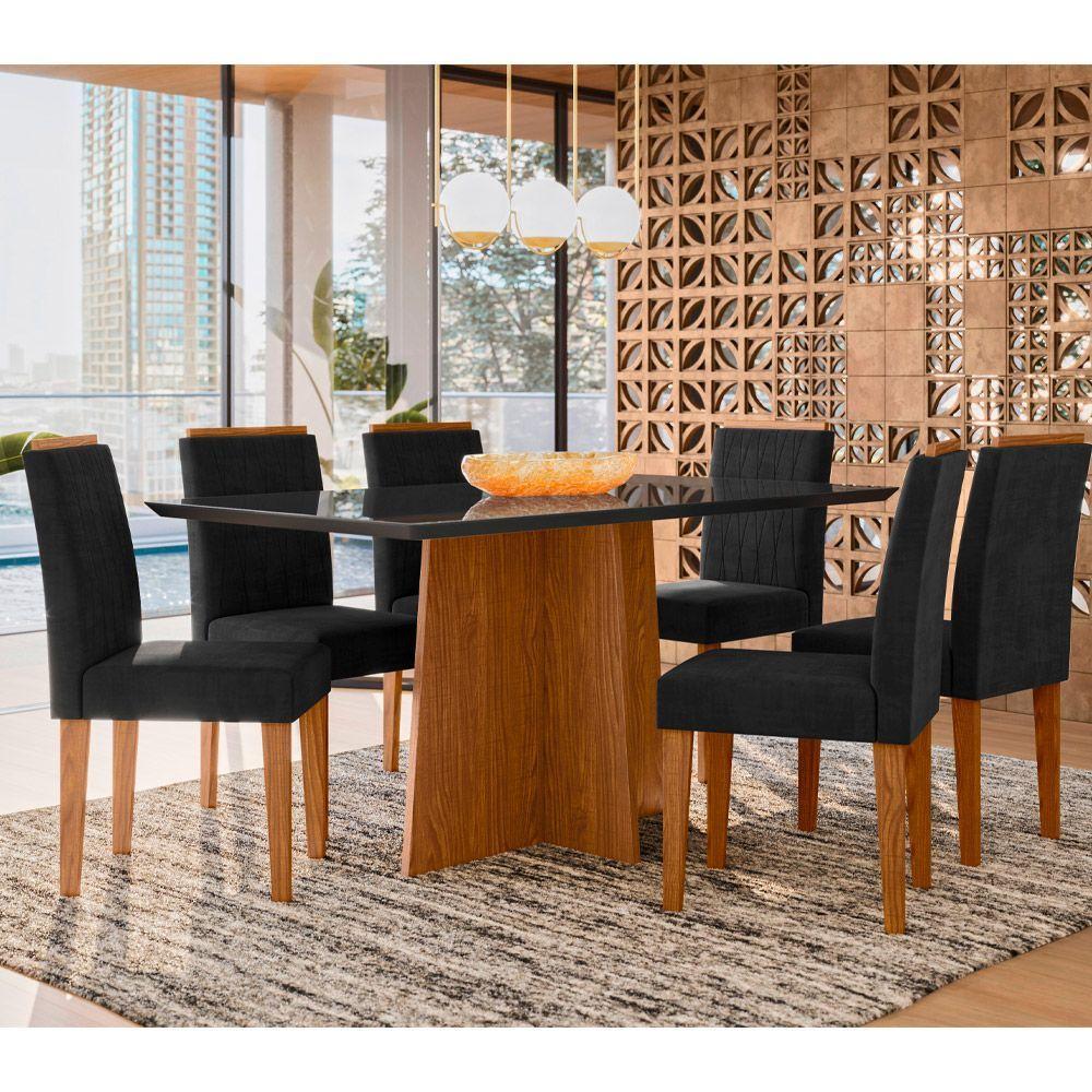 Conjunto Mesa De Jantar 1,60m Anitta Tampo Mdf Com Vidro E 6 Cadeiras Ana Ypê Preto - 1